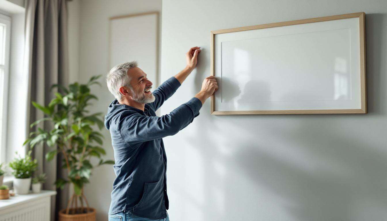 Il accroche son tableau droit du premier coup grâce à cette astuce toute bête (sans niveau à bulle)