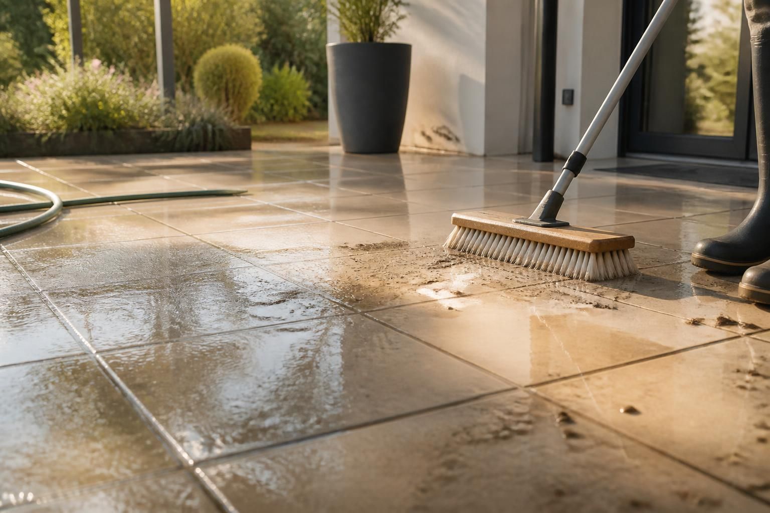 Nettoyage d&rsquo;une terrasse carrelée : guide complet